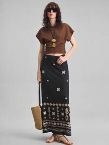 Ontre 2025 秋季女式休闲度假刺绣裙，时尚长款休闲裙，适合海滩、办公室、海滩度假、节日、派对、度假风格 - 黑色 - 查看 2