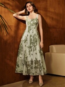 Anewsta Elegant Patchwork Cinched Waist Sleeveless Printed Dress For Women - Green - View 4