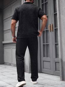 Manfinity Homme Men's Fashion Rhinestone Embellished Shirt And Pants Set,Black,Summer,Casual,City Break Two Pieces Co-Ord Jumpsuit Sweatsuit - Black - View 2
