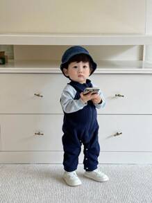 SHEIN 男婴蓝色休闲字母刺绣连体裤，适合周末外出、休闲居家时光、家庭聚会 - 藍色 - 查看 4