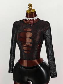 Amplova Women's Hollow-Out Design Round Neck Long Sleeve Sexy Fitted Lace Blouse