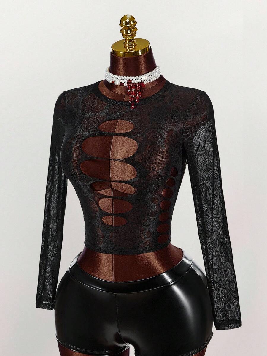 Amplova Women's Hollow-Out Design Round Neck Long Sleeve Sexy Fitted Lace Blouse