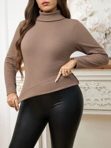 Reflora 大码女式高领长袖修身休闲保暖T恤，带保暖内衬和绒面内衬，秋冬季，焦糖色，适合万圣节、秋季女装、万圣节服装、秋季女装、万圣节、冬季女装、秋季大码、秋季上衣、秋季、万圣节大码、束身胸衣、工作上衣、冬季女装外套，2025新款 - 棕色 - 查看 8