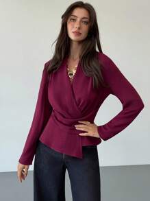 Aloruh 女士休闲/办公纯色不对称下摆裹身衬衫，适合秋季穿着，适合所有女性，秋季女装，教师款，商务休闲女装，商务休闲女装，商务休闲女装，秋季女装，酒红色深V腰部不对称褶裥显瘦气质办公通勤长袖衬衫，优雅女式衬衫，时尚女式衬衫，酒红色上衣，优雅女式衬衫 - 酒紅色 - 查看 2