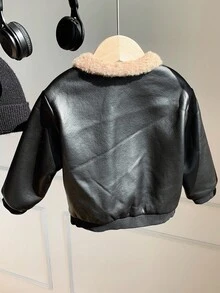 SHEIN Baby Boys Casual Cute Street Style Black PU Leather Thermal Lined Long Sleeve Zip Up Jacket, Baby Winter Clothes Baby Boy Jacket Baby Zip Up Jacket Baby Bomber Jacket Baby Leather Jacket Fall
