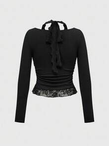 ROMWE Avant Áo thun cổ tròn tay dài ôm sát họa tiết ren và đá Rhinestone Punk Bro dành cho nữ - Nhiều màu - Xem 2