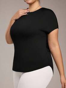 Rhythm Era 女式加大码网眼拼布短袖瑜伽T恤 - 黑色 - 查看 4