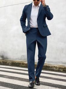 Manfinity Mode Men's Solid Color Single-Breasted Long Sleeve Suit Jacket And Pocketed Suit Pants Set - Navy Blue - View 3
