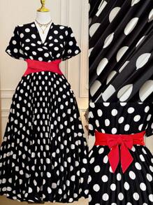 SHEIN Unity 大码女式短袖 V 领波尔卡圆点印花褶皱撞色连衣裙，适合夏季、返校、毕业典礼、节日、情人节、音乐节、母亲节、万圣节、感恩节、复活节、国庆节、舞会、约会、派对、婚礼、户外旅行