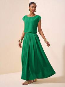 Zivah 2025新款夏季休闲度假优雅日常约会沙滩装生日派对圆领插肩袖短袖剪裁T恤+百褶裙长裙绿色波浪条纹梭织女士两件套绿色两件套绿色短款上衣和裙子套装