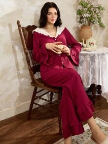 Côtesoire Bộ đồ ngủ ren xếp nếp màu tương phản lãng mạn thanh lịch dành cho nữ, trang phục thu đông - Màu Đỏ Sâu - Xem 4