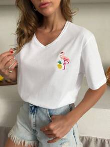 EURMUSE 女士火烈鸟和菠萝印花V领短袖休闲T恤 - 白色 - 查看 5