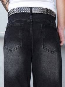 Manfinity Hypemode Men's Black Loose Fit Wide Leg Casual Jeans,Casual Street Style, All Season, Grunge - Black - View 8