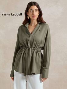 Briarwyn 女士休闲纯色抽绳长袖衬衫，适合日常穿着 - 軍綠色 - 查看 5