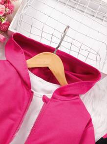 SHEIN 女童 Tween Girl 星星刺绣连帽运动服，适合秋冬季 - 玫紅色 - 查看 7