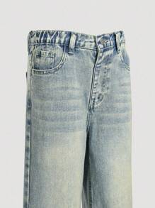 SHEIN Sparklyn Jeans anchos de pierna recta con diseño de pespunte de contraste amarillo y lavado azul, de ajuste holgado, para niñas. Adecuados para salidas casuales y uso al aire libre en primavera, otoño e invierno