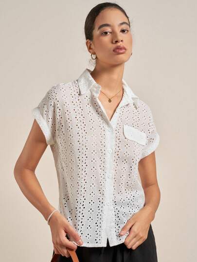 Airaco Eyelet Embroidery Batwing Sleeve Shirt