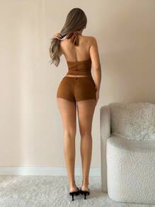 SHEIN ICON Women's Halter Crop Top And Low Waist Shorts Set Brown 2 Pieces Set, Fall Clothes, Concert Outfit - Brown - View 4