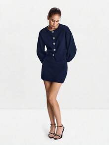 Lumivelle Women's Metal Flower Long Sleeve Single-Breasted Knit Cardigan And Versatile Mini Knit Skirt 2 Pieces Set Fall Winter Cloth For Women - Royal Blue - View 6