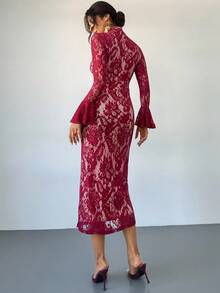 Firerie Women's Elegant Romantic Alluring Party Cocktail Dress, Burgundy Lace Hollow Design Flare Sleeve Slim Fit, Suitable For Autumn & Winter,Sexy,Red Corset,Christmas,Dresses For Women Elegant - Burgundy - View 6