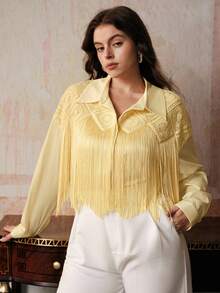 Anewsta Plus Size Women Fringe Elegant Blouse - Yellow - View 4