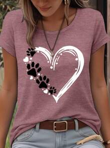 EMERY ROSE Dog Paw Print & Heart Graphic Round Neck Short Sleeve Fashionable Plus Size T-Shirt - Red Violet - View 1