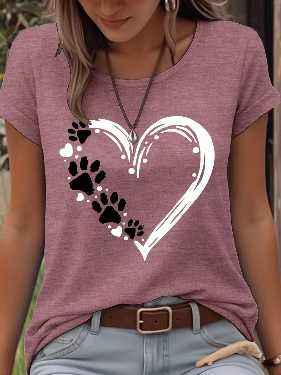 EMERY ROSE Dog Paw Print & Heart Graphic Round Neck Short Sleeve Fashionable Plus Size T-Shirt - Red Violet - View 1