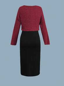 Flirla Conjunto de 2 piezas de talla grande con top asimétrico acanalado + vestido con tirantes finos, plisado y abertura en contraste de color, para otoño/invierno - Multicolor - Ver 2