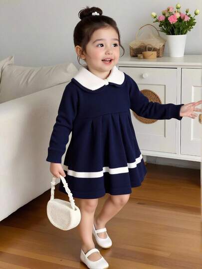 SHEIN 女婴休闲优雅毛衣裙，针织连体衣，柔软舒适，适合日常穿着、外出、旅行、度假、居家、日托和儿童玩耍