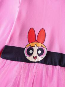 THE POWERPUFF GIRLS X SHEIN Young Girl Blossom Pattern Cute 3D Shaped Hooded Long Sleeve Mesh Costume Dress, Pink Fall Winter - Multicolor - View 7