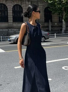 DAZY Women's Sleeveless Round Neck Waist Cinched Denim Dress, Summer - Blue - View 5