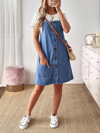 EMERY ROSE Women's Casual Front Button Denim Dress Casual Street Patchwork Pocket Loose Wide Leg Jeans Women Jeans Baggy Loose Jeans Barrel Leg/Barrel-Leg Jeans Old Money Style