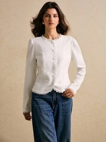 Poéselle 女士衬衫，纽扣门襟，蕾丝边饰，白色长袖衬衫，休闲衬衫；女士优雅通勤撞色蕾丝前襟纽扣衬衫；女士上衣；女士衬衫；女士秋季装；女士冬季装；女士冬季商务休闲装 - 白色 - 查看 7