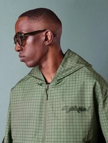 SUMWON Classic Grid Print Windbreaker Jacket With Hood Zip Front Quarter Panel Design Monochrome Check Pattern Street Style Casual Lightweight Spring Fall Fashion - Multicolor - View 3