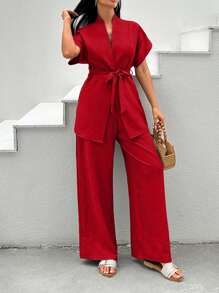 EURMUSE Casual Solid Color Shirt & Pants Set - Red - View 5