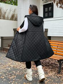 SHEIN EZwear 加大码可调节腰部抽绳宽松长款夹克，加厚，适合秋冬 - 黑色 - 查看 1