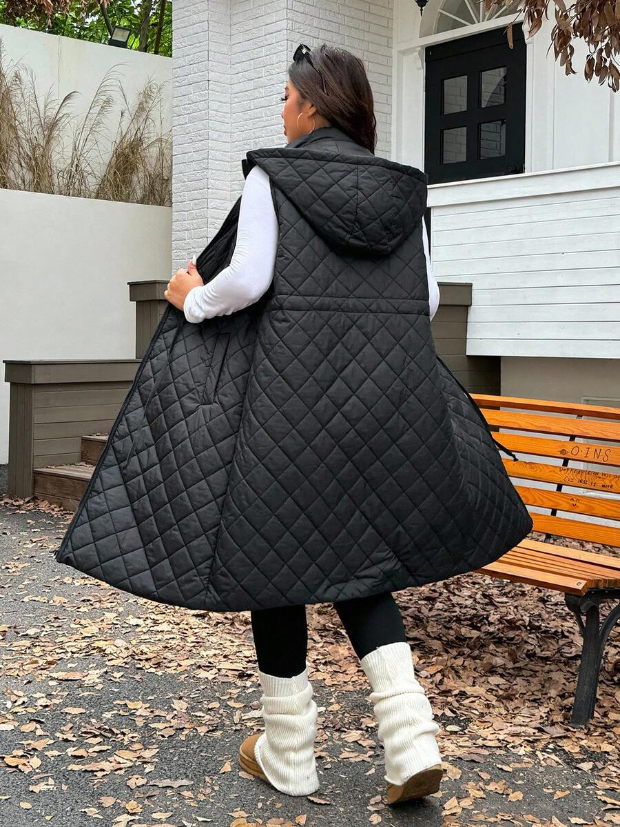 SHEIN EZwear 加大码可调节腰部抽绳宽松长款夹克，加厚，适合秋冬 - 黑色 - 查看 1