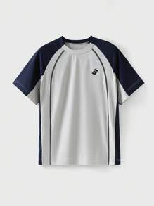 JNSQ Back To School Outdoor Sports Short Sleeve T-Shirt, Kids Round Neck Contrast Color Funny Letter Print Outdoor Sports Short Sleeve Tee - Multicolor - View 5