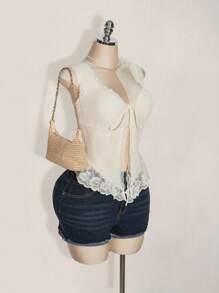 SHEIN ICON Áo ba lỗ buộc dây ren tương phản cỡ lớn cho nữ mặc hàng ngày - Màu be - Xem 4