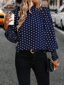 EMERY ROSE 女士休闲波尔卡圆点印花长袖衬衫 - 寶藍色 - 查看 3
