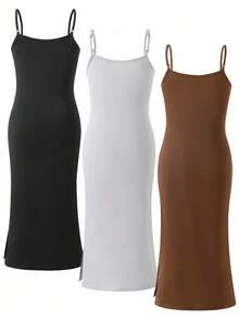 3 pièces/Paquet Robe sans manches minimaliste et décontractée de couleur unie pour jeunes filles