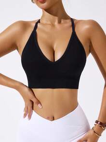 Dewbera 女士纯色简约无缝无袖运动文胸 - 黑色 - 查看 4