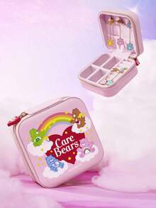 SHEIN X Care Bears 1 件卡通图案 PU 皮革便携式旅行珠宝收纳盒，带 3 个项链挂钩、戒指隔层和其他储物隔层，适合家庭整理、旅行、通勤，适合女性、青少年、欢呼熊、温柔熊、睡前熊、好运熊 - 淺粉色 - 查看 2