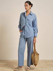 Airaco Bộ đồ 2 món đơn sắc tay dài, túi hộp một hàng khuy dành cho nữ - Màu xanh lam - Xem 4