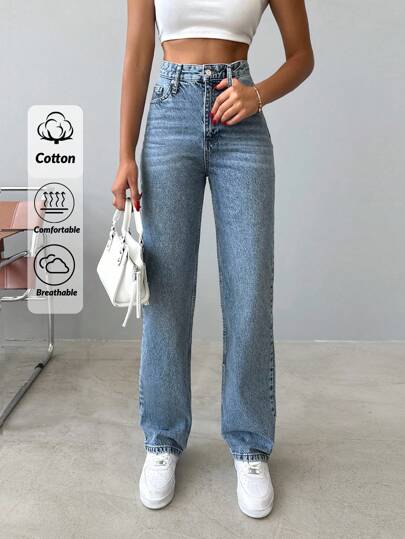 SHEIN Tall Tall High Waist Snow Wash Straight Jean Work Clothes Women Jeans For Women Women Jeans High Waisted Women Clothing Jeans Jeans Women High Waist
