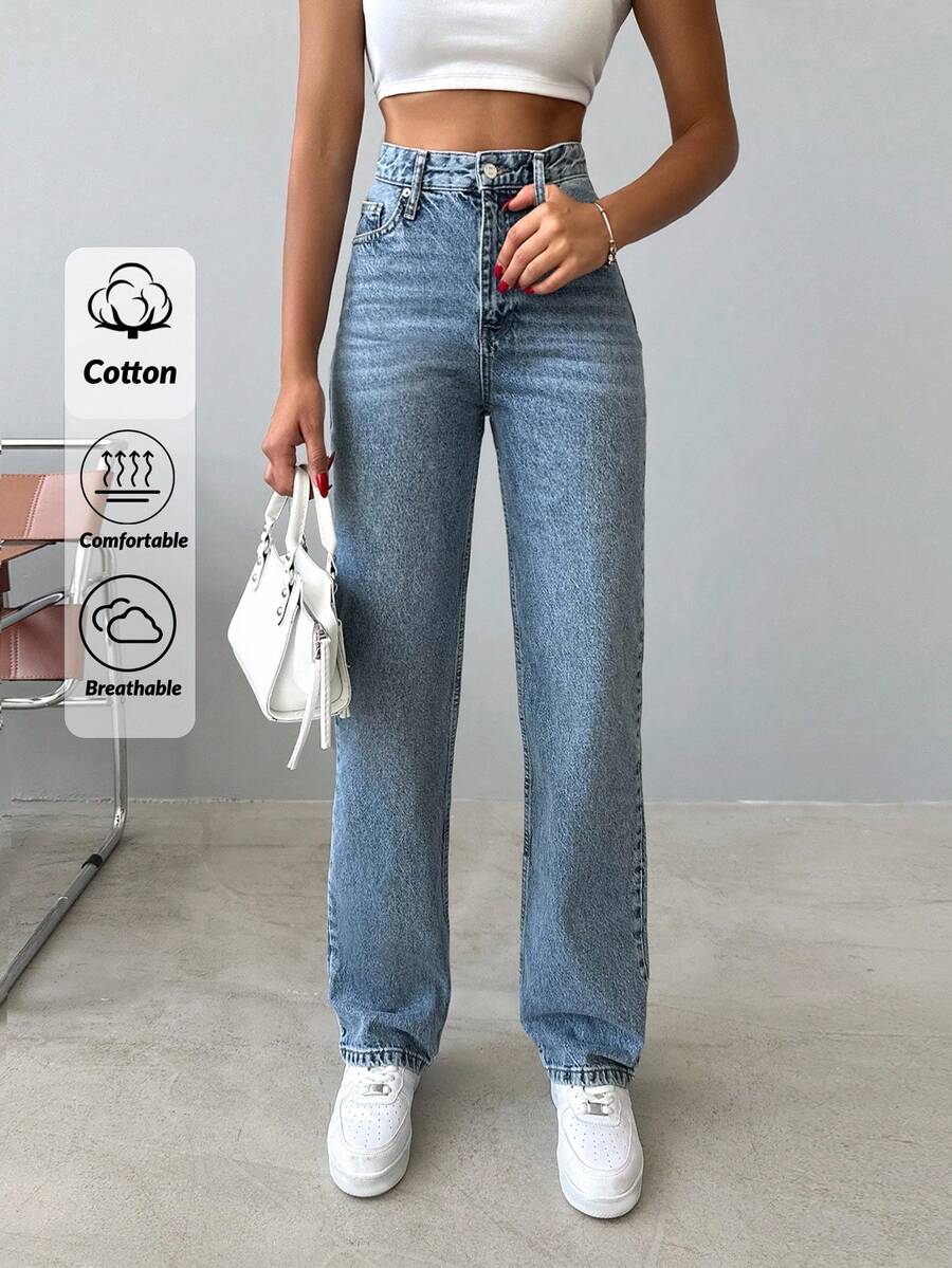 SHEIN Tall Tall High Waist Snow Wash Straight Jean Work Clothes Women Jeans For Women Women Jeans High Waisted Women Clothing Jeans Jeans Women High Waist - Medium Wash - View 1