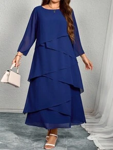 EMERY ROSE Elegant Multi-Layer Cake Design Long Dress For Plus Size Women - Dusty Blue - View 6