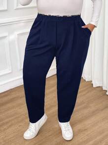 SHEIN CURVE+ Plus Size Women's Autumn And Winter Fashion Casual Comfortable Leopard Print Stitching Elastic Waist Pocket Black Pants,Women Bottom,Fall Women Clothes,Work Pants,Teacher Clothes,Curv Pants,Office Wear,Business Casual Women - Navy Blue - View 8