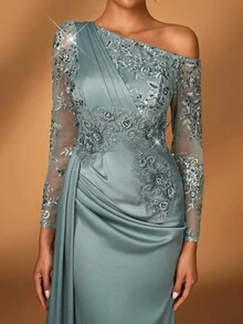 Serin Elegantes, luxuriöses, besticktes Spitzen-Pailletten-Patchwork-Kleid aus elastischem Satin-Chiffon mit Langarm und Schlitz an der Seite, geeignet für Hochzeit, Party, Urlaub, Abschlussball, Abendrobe, Brautmutter