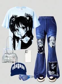 2pcs/Set Cartoon Girl Print Casual Minimalist Short Sleeve Top And Pants For Teen Girls - Blue - View 1